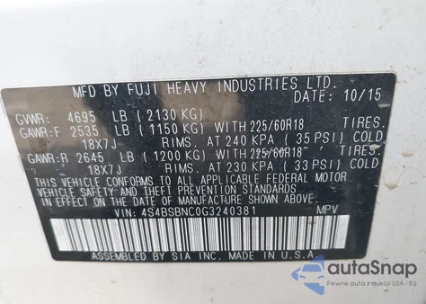 2016 Subaru Outback 2.5I Limited z USA, uszkodzony, nr VIN 4S4BSBNC0G3240381